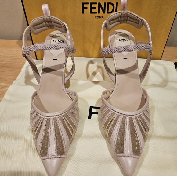 Fendi Leather And Mesh High-heeled Slingbacks In Nude/gold - Picture 8 of 11